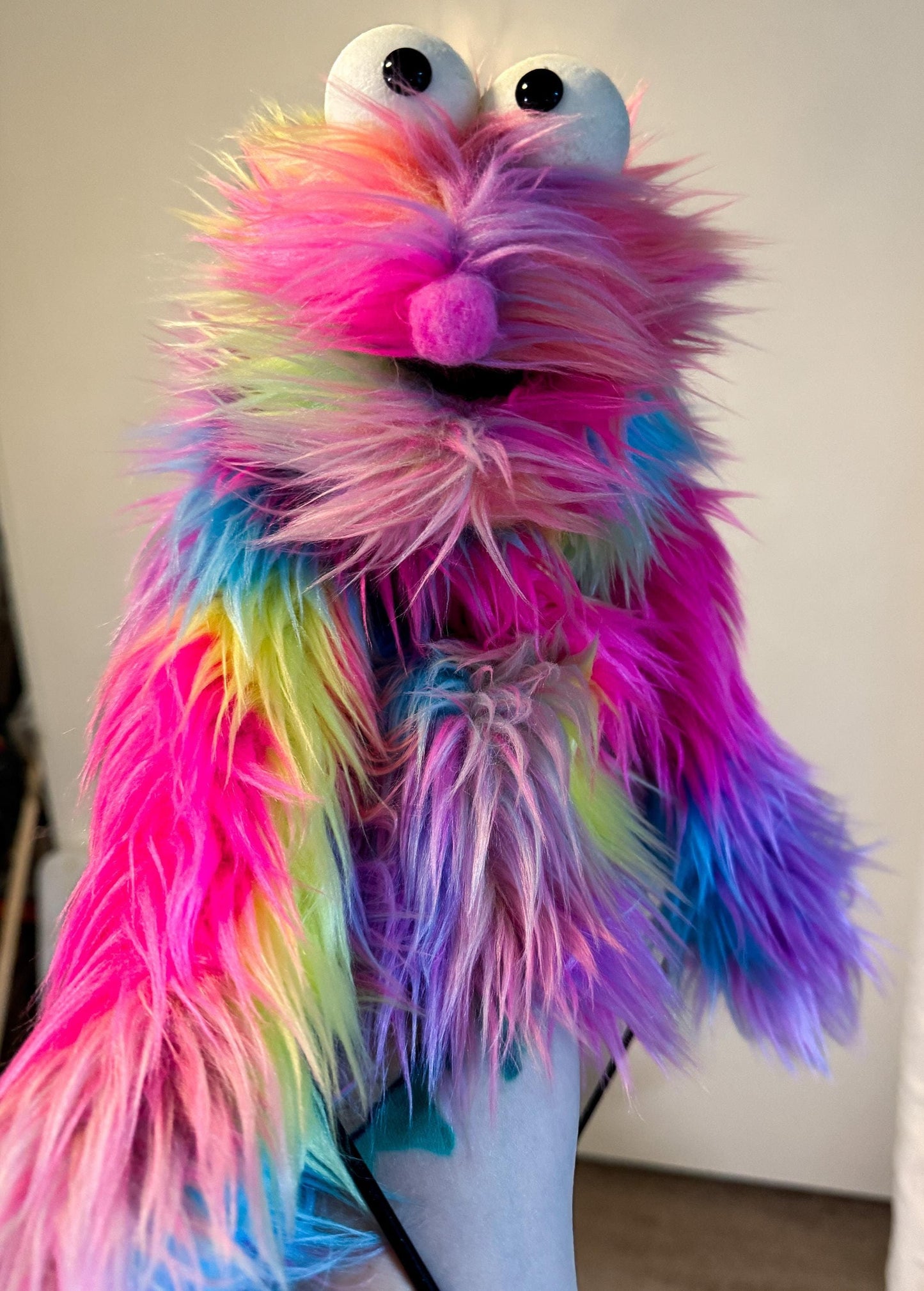 UV Reactive Rainbow Pastel Faux Fur Hand and Rod Puppet