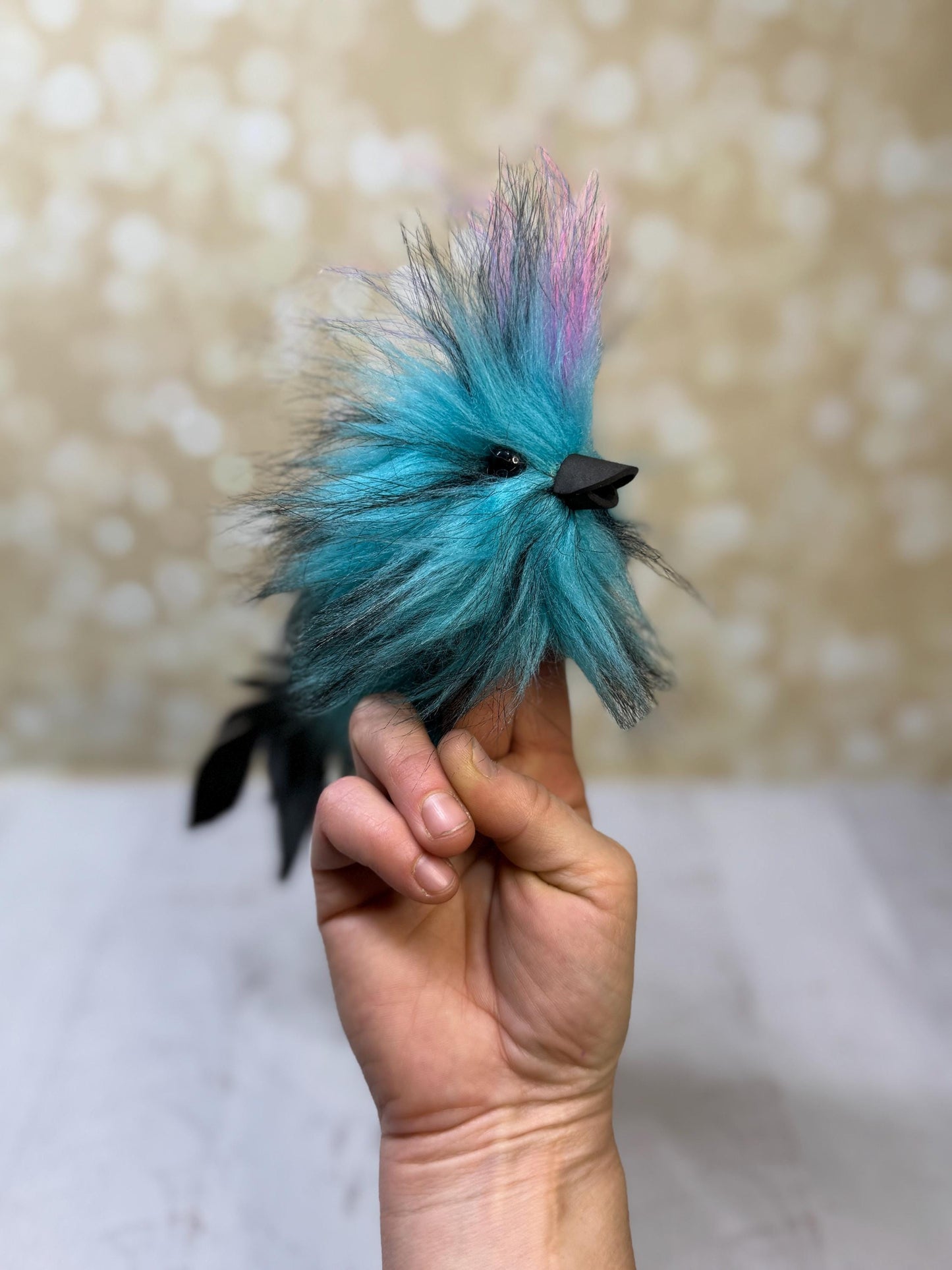 Flutter Beast Finger Puppet with Tail Feathers  Teal & Black