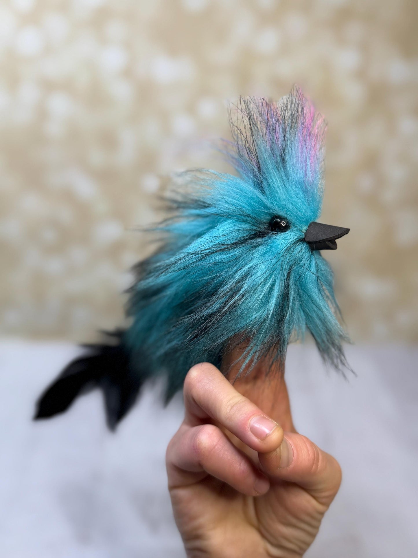 Flutter Beast Finger Puppet with Tail Feathers  Teal & Black