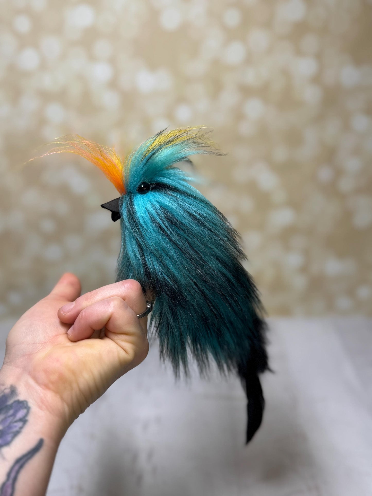 Flutter Beast Finger Puppet with Tail Feathers  Teal & Black