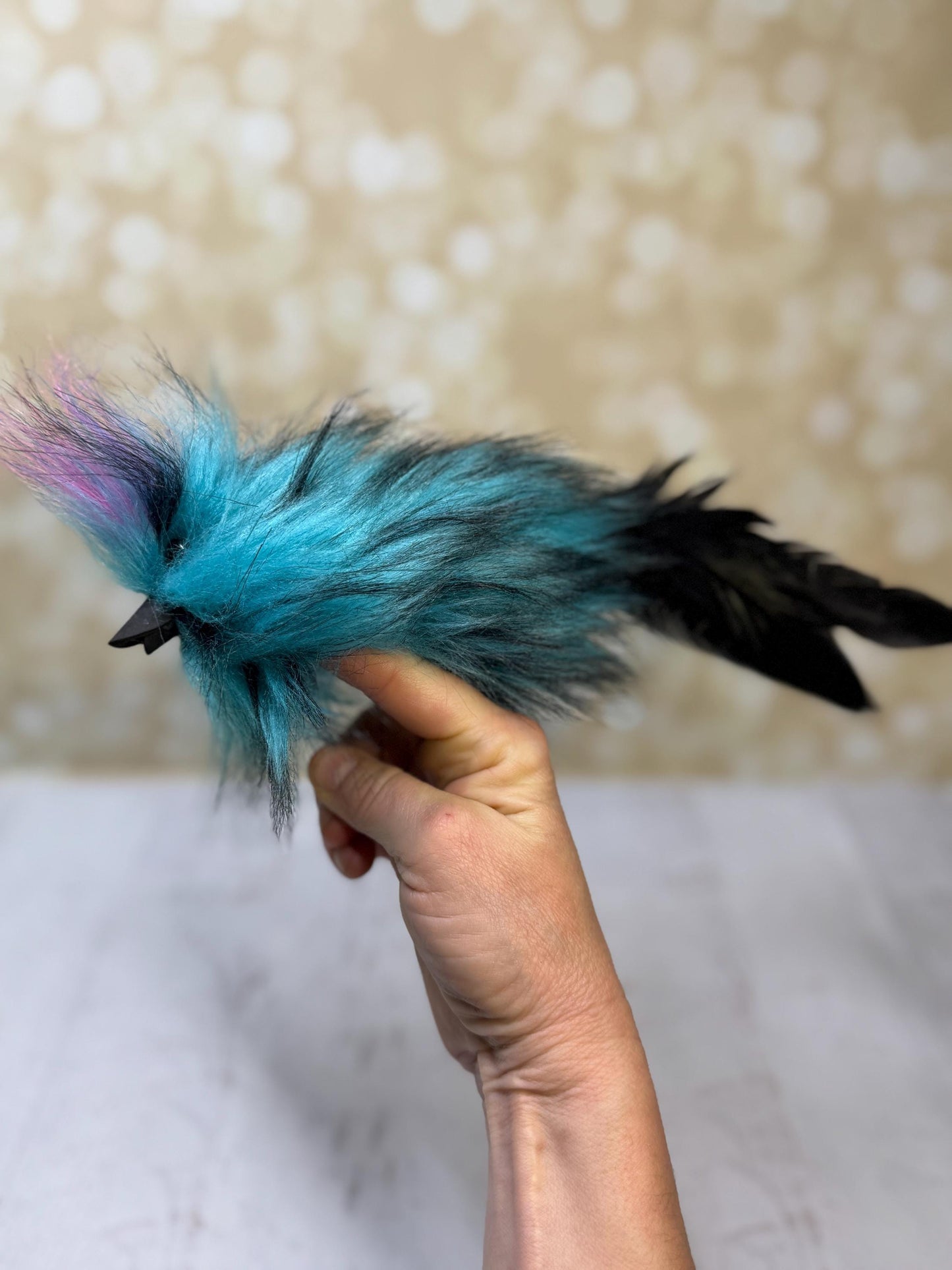 Flutter Beast Finger Puppet with Tail Feathers  Teal & Black
