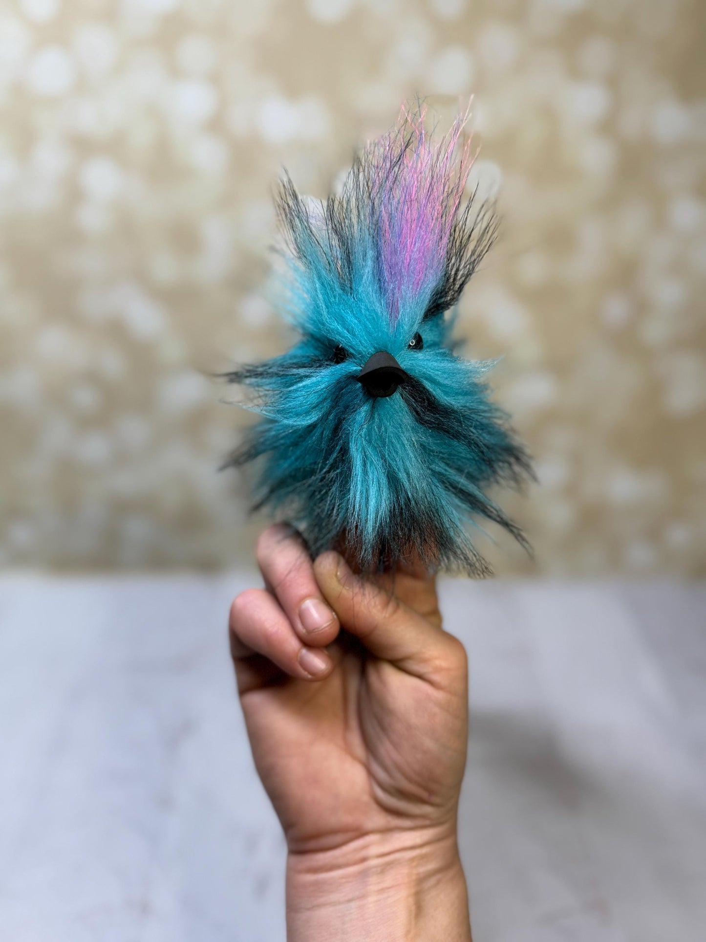 Flutter Beast Finger Puppet with Tail Feathers  Teal & Black