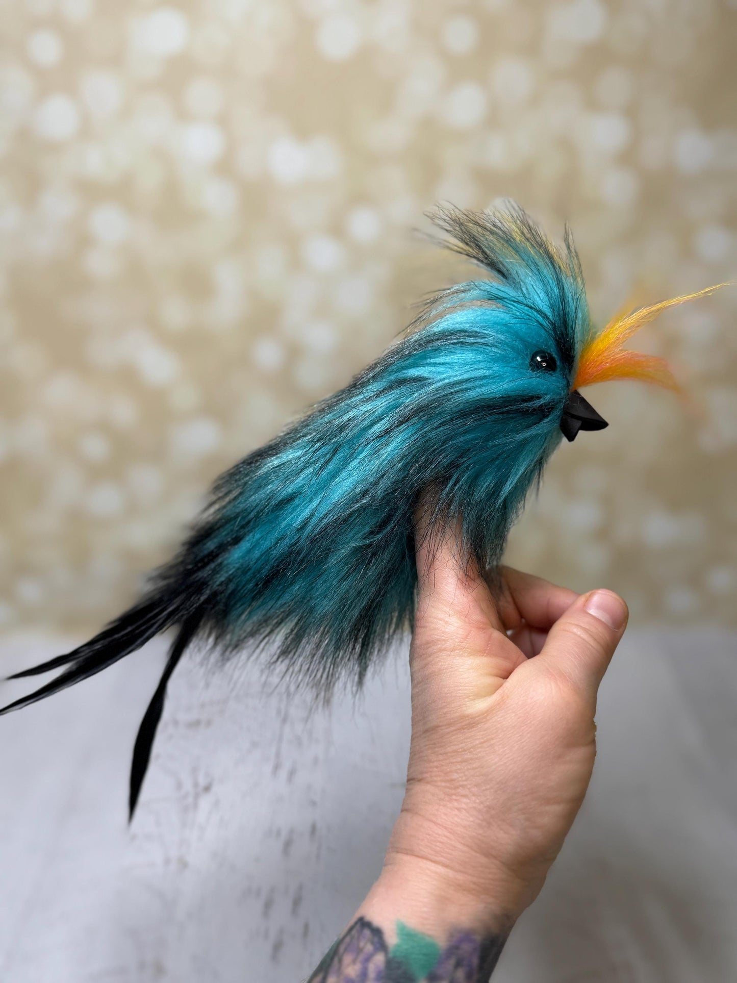 Flutter Beast Finger Puppet with Tail Feathers  Teal & Black