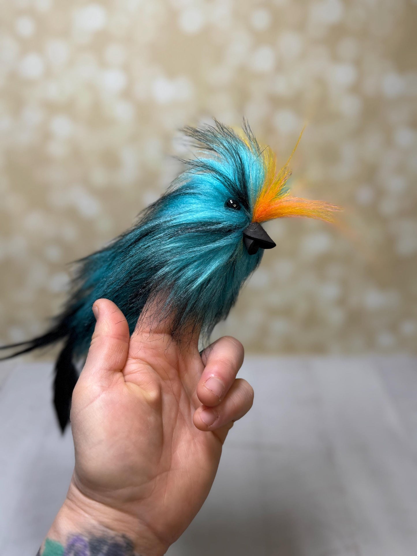 Flutter Beast Finger Puppet with Tail Feathers  Teal & Black