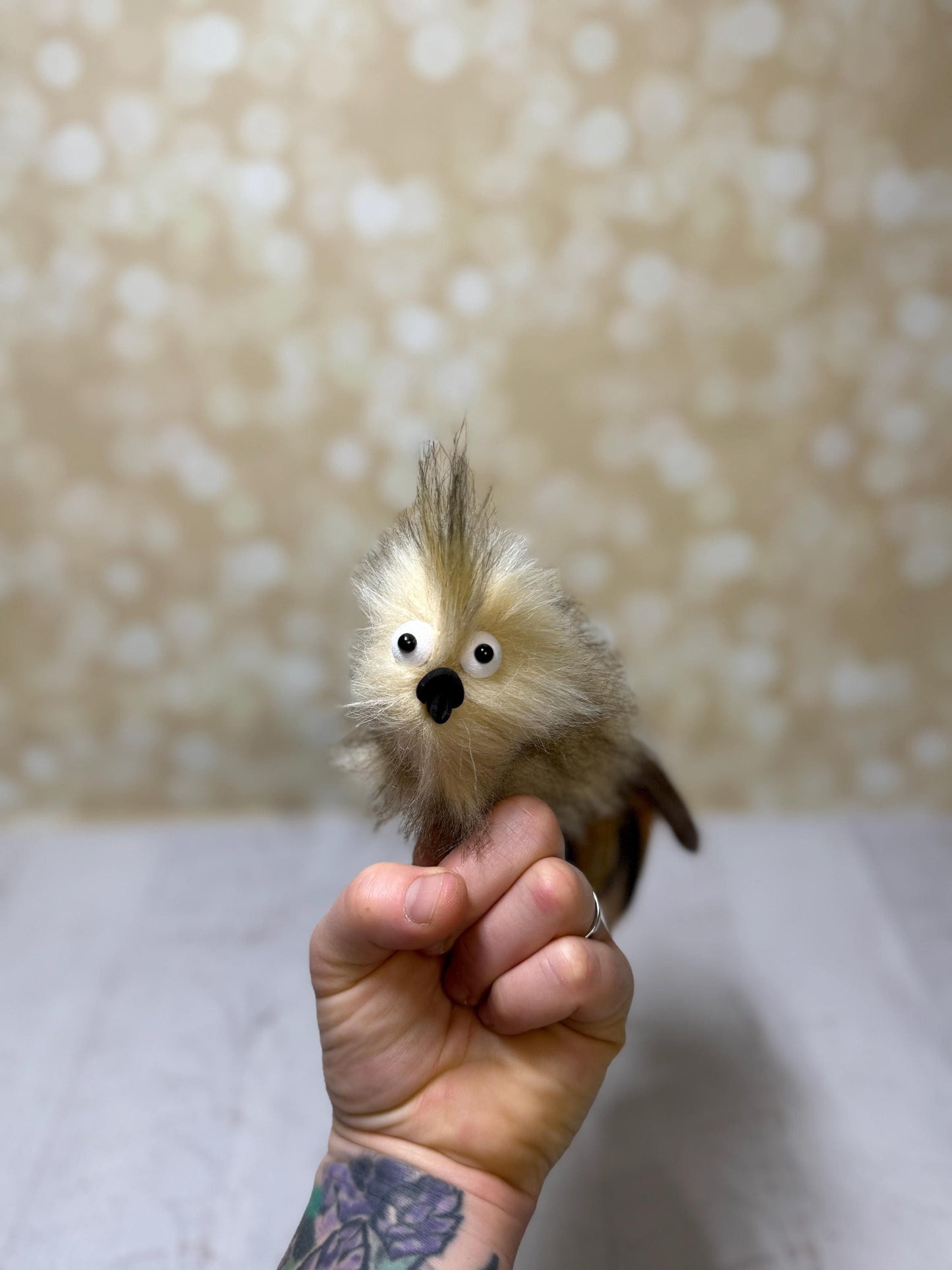 Flutter Beast Finger Puppet with Tail Feathers  Creamy Tan